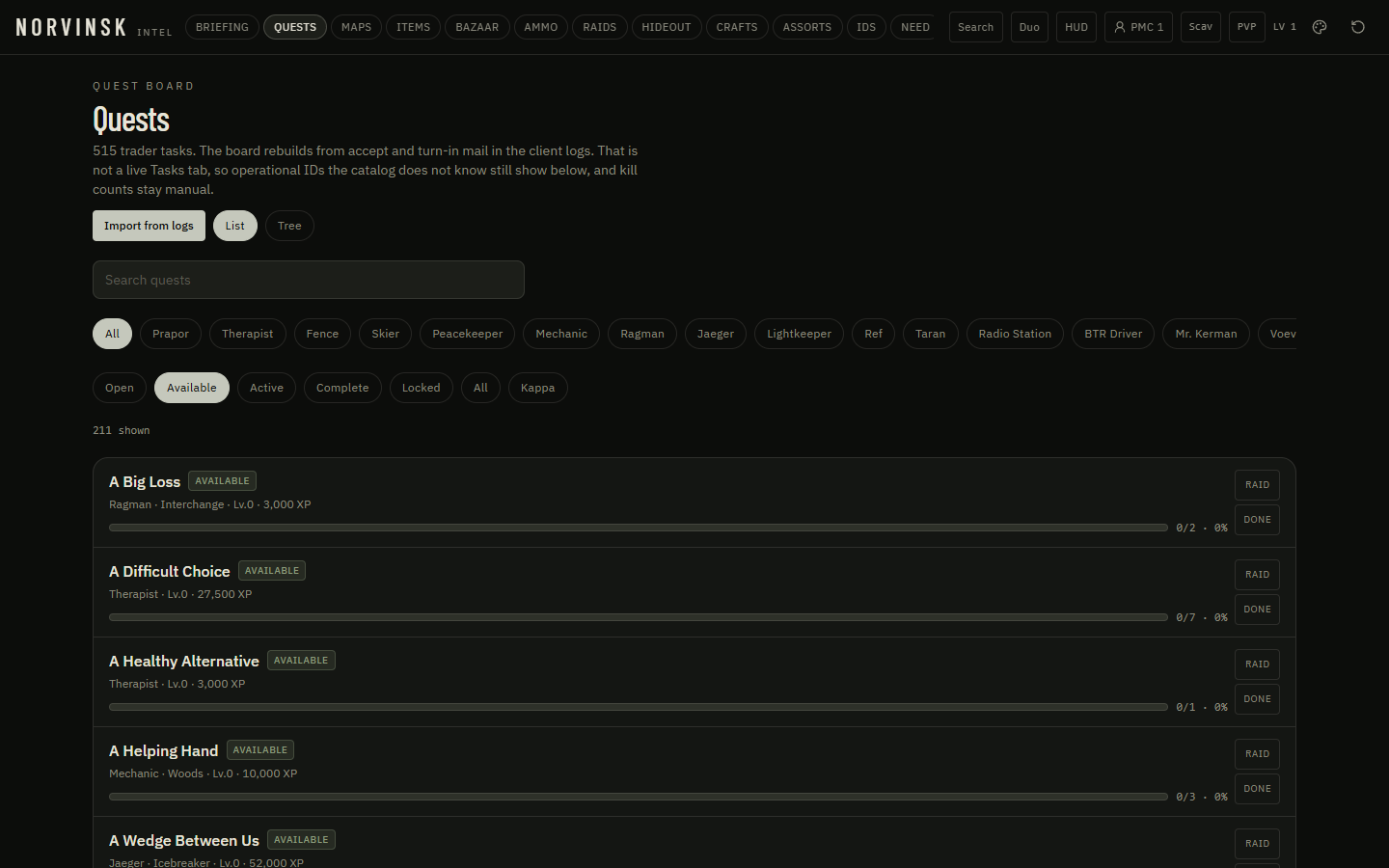Quests — The full trader board