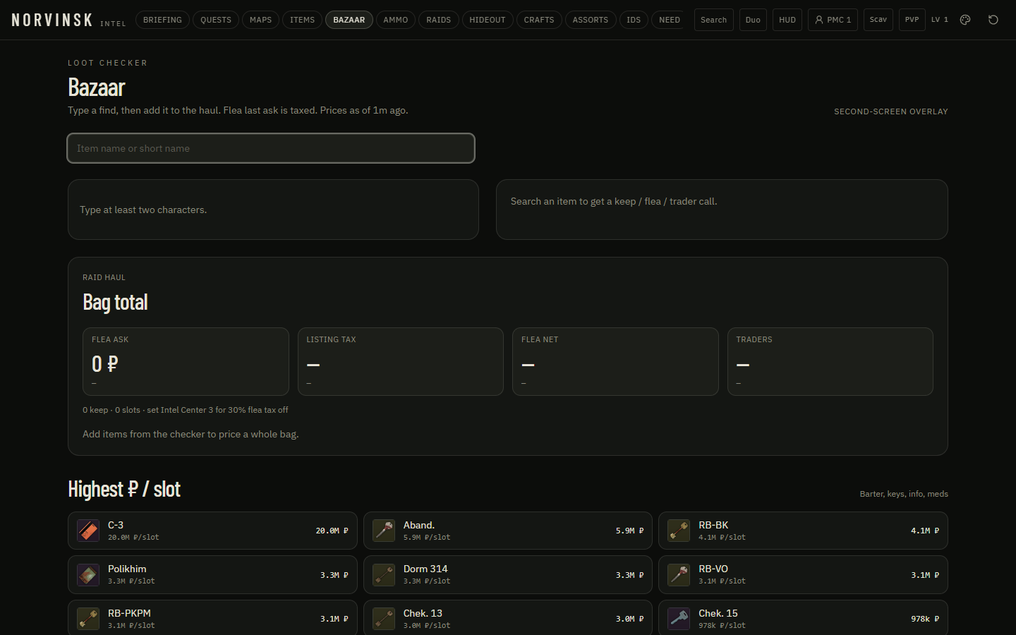 Bazaar — Loot checker while the bag is open