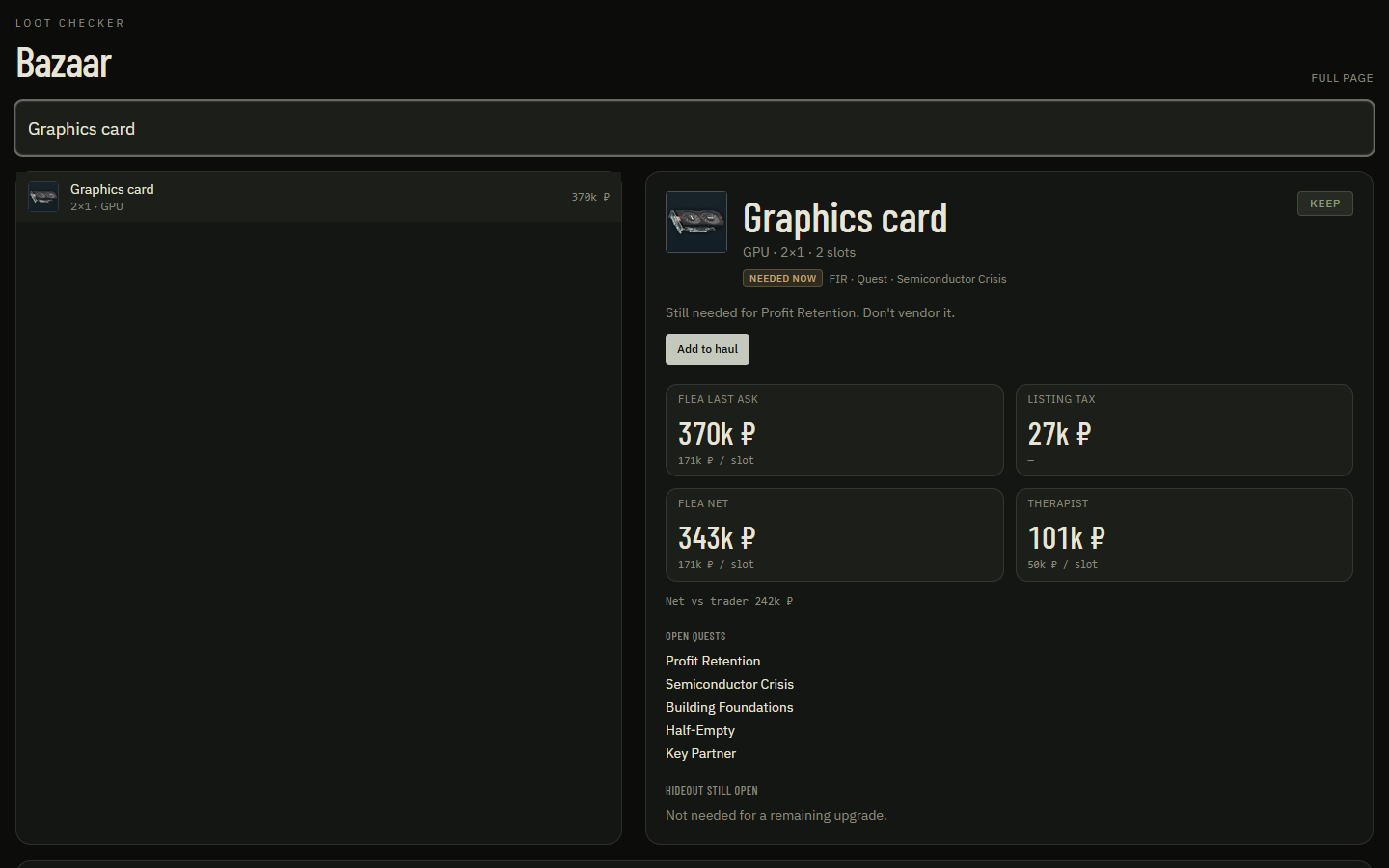 Bazaar overlay — Second-screen loot window